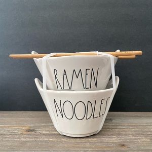 Rae Dunn RAMEN NOODLES 2 Bowl Set Wood Chopsticks Artisan Magenta Ceramic NEW